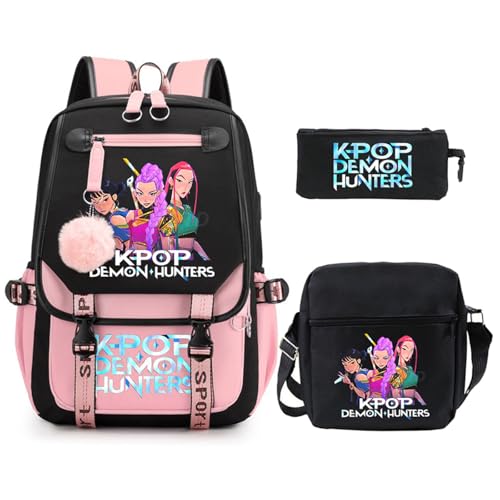 SaiDeng KPop Huntrixs Schulset 3-teilig – Anime Huntrix Rucksack, Umhängetasche & Federmäppchen, Wasserdichter SchulHuntrix Rucksack Jungen & Mädchen, K-Pop Streetwear Tasche für Schule von SaiDeng