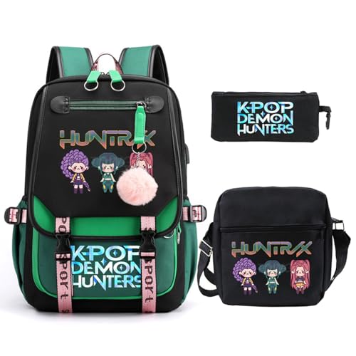 SaiDeng KPop Huntrixs Schulset 3-teilig – Anime Huntrix Rucksack, Umhängetasche & Federmäppchen, Wasserdichter SchulHuntrix Rucksack Jungen & Mädchen, K-Pop Streetwear Tasche für Schule von SaiDeng