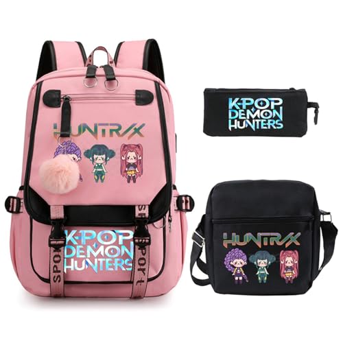 SaiDeng KPop Huntrixs Schulset 3-teilig – Anime Huntrix Rucksack, Umhängetasche & Federmäppchen, Wasserdichter SchulHuntrix Rucksack Jungen & Mädchen, K-Pop Streetwear Tasche für Schule von SaiDeng
