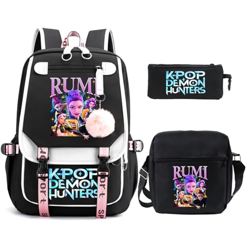SaiDeng KPop Huntrixs Schulset 3-teilig – Anime Huntrix Rucksack, Umhängetasche & Federmäppchen, Wasserdichter SchulHuntrix Rucksack Jungen & Mädchen, K-Pop Streetwear Tasche für Schule von SaiDeng