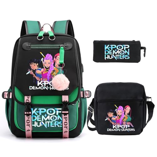 SaiDeng KPop Huntrixs Schulset 3-teilig – Anime Huntrix Rucksack, Umhängetasche & Federmäppchen, Wasserdichter SchulHuntrix Rucksack Jungen & Mädchen, K-Pop Streetwear Tasche für Schule von SaiDeng