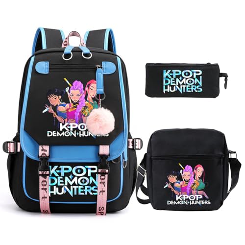 SaiDeng KPop Huntrixs Schulset 3-teilig – Anime Huntrix Rucksack, Umhängetasche & Federmäppchen, Wasserdichter SchulHuntrix Rucksack Jungen & Mädchen, K-Pop Streetwear Tasche für Schule von SaiDeng