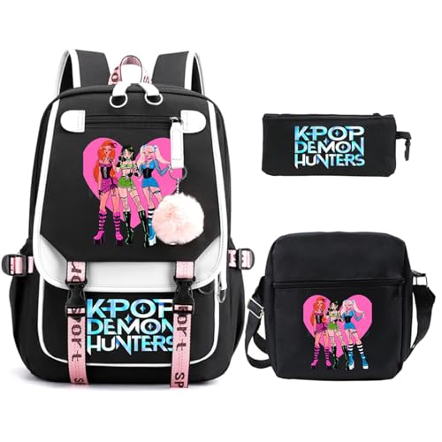 SaiDeng KPop Huntrixs Schulset 3-teilig – Anime Huntrix Rucksack, Umhängetasche & Federmäppchen, Wasserdichter SchulHuntrix Rucksack Jungen & Mädchen, K-Pop Streetwear Tasche für Schule von SaiDeng