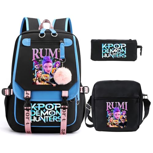 SaiDeng KPop Huntrixs Schulset 3-teilig – Anime Huntrix Rucksack, Umhängetasche & Federmäppchen, Wasserdichter SchulHuntrix Rucksack Jungen & Mädchen, K-Pop Streetwear Tasche für Schule von SaiDeng