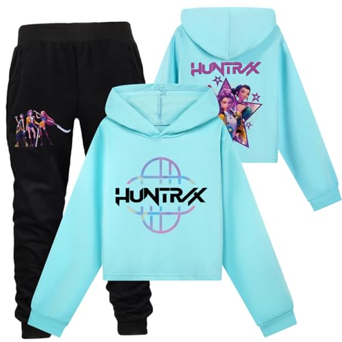 Saideng Huntrix Kpop Hoodie Huntr/x Kinder & Set für Mädchen – Huntrix Anime Crop Hoodie Huntr/x mit Front- & Rückendruck oder 2-teiliges Outfit mit Jogginghose, Kurz Geschnittener Kapuzenpullover von SaiDeng