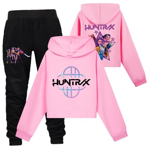 Saideng Huntrix Kpop Hoodie Huntr/x Kinder & Set für Mädchen – Huntrix Anime Crop Hoodie Huntr/x mit Front- & Rückendruck oder 2-teiliges Outfit mit Jogginghose, Kurz Geschnittener Kapuzenpullover von SaiDeng