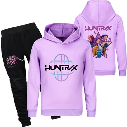 Saideng Huntrix Kpop Hoodie Huntr/x Kinder & Set für Mädchen – Huntrix Anime Hoodie Huntr/x mit Rückendruck oder 2-teiliges Outfit mit Jogginghose, Kurz Geschnittener Kapuzenpullover für Teenager von SaiDeng