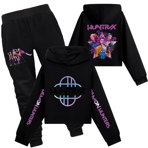 Saideng Huntrix Kpop Hoodie Huntr/x & Set – Huntrix Anime Kurzpullover & Jogginghose für Mädchen, Kapuzenpullover Freizeit Outfit, Trendiges K-Pop Fan Set Huntrix Kpop Merch Kids Hoodie Huntr/x s von SaiDeng