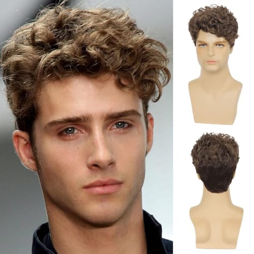 Herren-Perücke, braun, kurz, geschichtet, lockiges Kunsthaar, Perücke für Halloween, Cosplay, mit Perückenkappe, flauschig, modisch, kurzes lockiges Haar(10 Inch) von SaiFfe