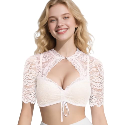 SaiXuan Dirndl Bluse Damen aus Spitze in Weiß – Elegante Kurzarm Dirndlbluse mit Kordelzug, Feminine Spitzenbluse Trachtenbluse für Oktoberfest, Karneval & Bayrische Tracht in S/M/L (L) von SaiXuan