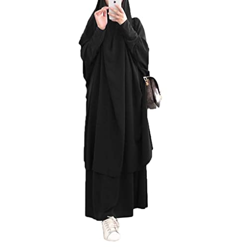Muslim Solid Color Loose Two Piece Prayer Dress Full Cover Hooded Islamic Abaya Kaftan with Hijab Conservative Clothing Prayer Dress Ramadan for Ethnic, Evening, Party (Schwarz) von Saibit