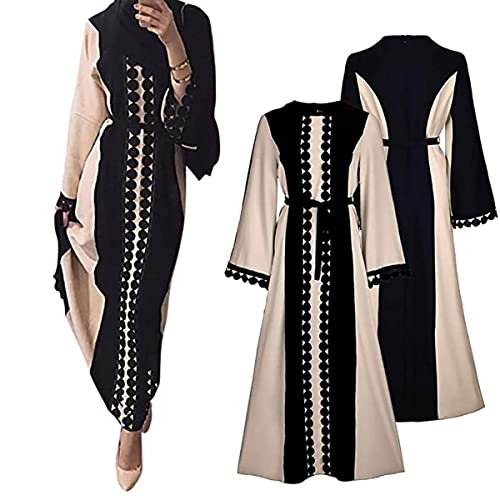 Saibit Frauen Muslim Kleid Maxikleid Spitzenbesatz Abaya Kleid Muslim Kaftan Ramadan für Ethnische, Abend, Party(Khaki, Grau, Grün), M von Saibit