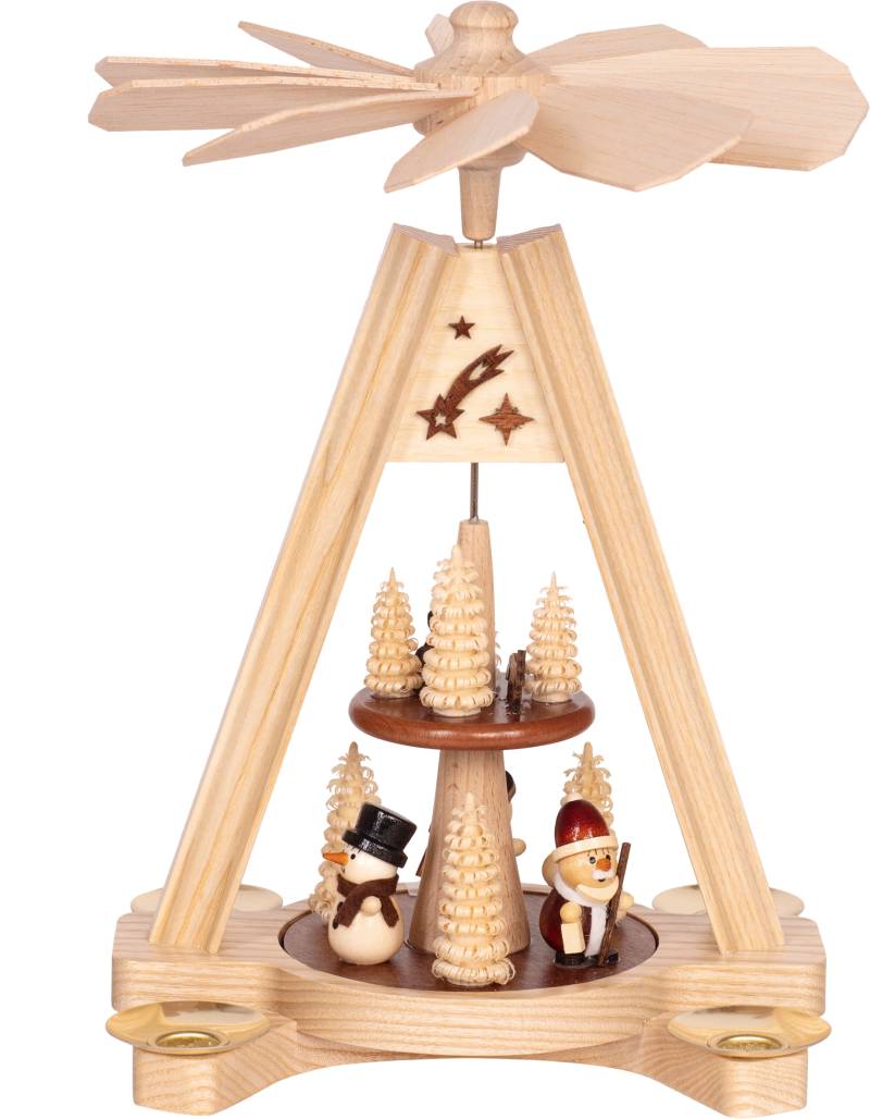 SAICO Original Weihnachtspyramide "Premium Tischpyramide, 2-stöckig, Schneemann und Weihnachtsmann" natur, mit farbigen Akzenten für 4 Pyramidenkerzen, HxØ: 24x18 cm von Saico Original