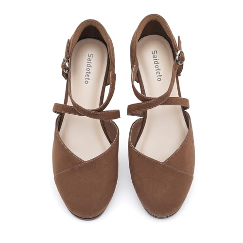 Saidoteto Damen Knöchelriemchen Flats - Bequeme runde Zehenpartie Kleid Schuhe mit verstellbarer Schnalle, Criss-Cross-Design für Arbeit, Hochzeit, Büro & Freizeit, Braun, 38.5 EU Saidoteto Damen Knöchelriemchen Flats - Bequeme runde Zehenpartie Kleid Schuhe mit verstellbarer Schnalle, Criss-Cross-Design für Arbeit, Hochzeit, Büro & Freizeit, Braun, 38.5 EU von Saidoteto