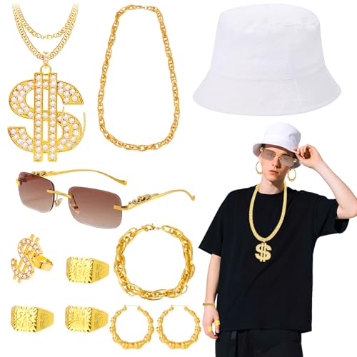 10 Stück Hip Hop Kostüm Set, 80er 90er Jahre Rapper Kostüm Zubehörset mit Dollarzeichen Halskette Ringen Ohrringen Sonnenbrille Armband Fischerhut für Frauen & Männer Hippie Disko Mottoparty (Stil 1) 10 Stück Hip Hop Kostüm Set, 80er 90er Jahre Rapper Kostüm Zubehörset mit Dollarzeichen Halskette Ringen Ohrringen Sonnenbrille Armband Fischerhut für Frauen & Männer Hippie Disko Mottoparty (Stil 1) von Saier tbo