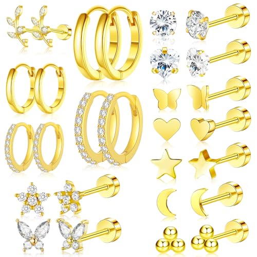 14 Paar Gold Ohrringe für Damen, Mode Hypoallergen Medizinische Ohrstecker Schmetterlings Blume Zirkonia Steine Creolen Ohrringe Chirurgenstahl für Damen Mehrfache Piercings von Saier tbo