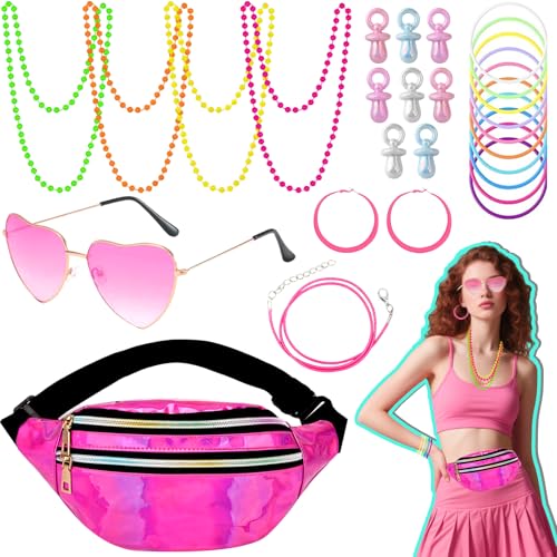 26 Stück 80er 90er Outfit Accessoires für Damen, Retro Neon Outfit Zubehörset mit Gürteltasche Brille Halskette Armband Ohrringe Schnuller Anhänger für Erwachsene Karneval Mottoparty Halloween Cosplay von Saier tbo