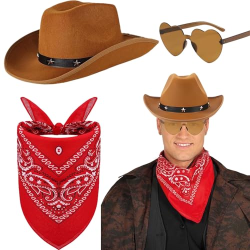 3 Stück Cowboyhut Zubehör Set, Western Cowboy Kostüm Kit mit Cowboyhut Herzförmiger Sonnenbrille Paisley Bandanas für Erwachsene Kinder Maskeraden Halloween Partys von Saier tbo