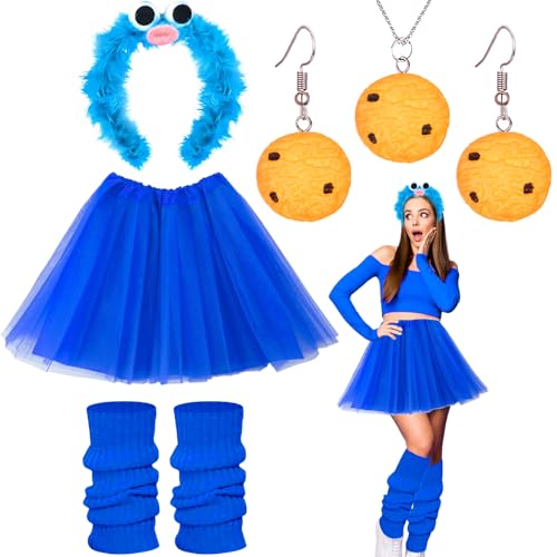 5 Stück Krümelmonster Kostüm Damen, Cookie Outfit Accessoires mit Krümelmonster Haarreif Kekse Ohrringe Halskette Blau Tüllrock Bein Stulpen für Erwachsene Kinder Fasching Karneval Maskerade Cosplay von Saier tbo