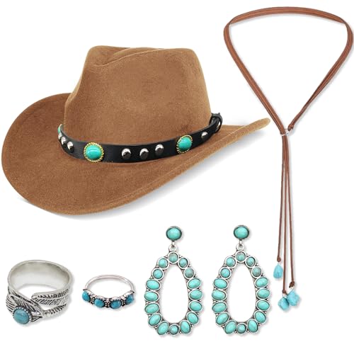 5 Stück Western Cowboy Hut Accessoire Set für Damen, 70er Jahre Boho Hippie Kostüm mit Cowboyhut Bohemian Türkis Halskette Ohrringen Ringen für Erwachsene Cosplay Karneval von Saier tbo