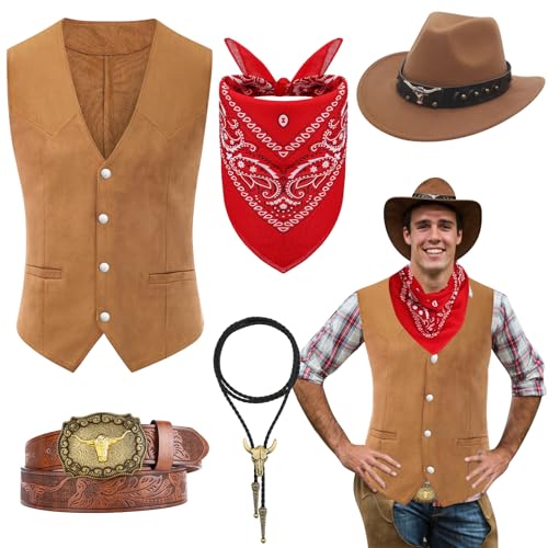 5 Stück Western Cowboy Kostüm Set, Cowboy Fancy Dress mit Weste Hut mit breiter Krempe Gürtel Bandana Stierkopf Halskette für erwachsene Männer Karneval Cosplay von Saier tbo