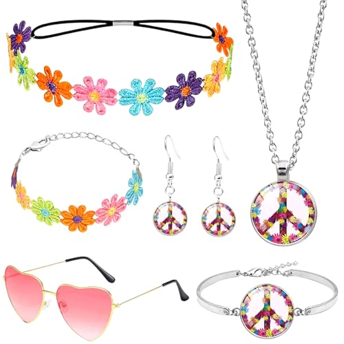 6 Stück Hippie Kostüm Zubehör, Vintage 70er Jahre Flower Power Accessoires mit Gänseblümchen Kopfschmuck Liebesbrille Peace Kette Ohrringe Armband für Damen Fasching Karneval Party(Gänseblümchen) von Saier tbo