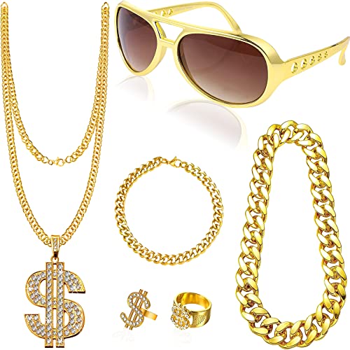 6 Stück Zuhälter Kostüm Set, Rapper Hip Hop Accessoires Kit mit Goldener Halskette Dollarzeichen Ringen Sonnenbrille Armband für Damen Herren Karneval 80er 90er Mottoparty von Saier tbo