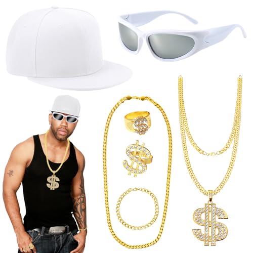7 Stück Hip Hop Kostüm Set, 80/90er Rapper Kostüm Zubehör mit Weißer Kappe Sonnenbrille Dollarzeichen-Halskette Ringen Fake-Goldkette für Damen Herren Karneval Cosplay Disco Party von Saier tbo