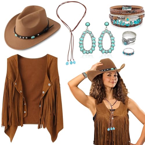 7 Stück Western Cowboy Kostüm für Damen, Cowgirl Outfits Zubehör Set mit Quastenweste Cowboyhut Boho-Halskette Ohrringen Ringen Armbändern für Karneval Fasching Halloween Cosplay von Saier tbo