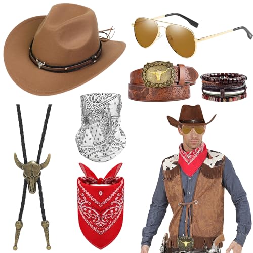 7 Stück Western Cowboy Zubehör Set, Deluxe Cowboy Kostüm Accessoires Kit mit Cowboyhut Brille Bandana Maske Halskette Armband Gürtel für Erwachsene Damen Herren Halloween Mottoparty Cosplay (Braun) von Saier tbo