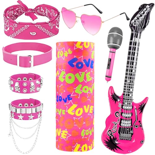 8 Stück Punk Gothic Kostüm Set, Heavy Metal Rocker Kostüm Zubehör Kit mit Armbändern Halsband Brille Bandana Maske Aufblasbarer Gitarre Mikrofon für Männer Frauen Partys von Saier tbo