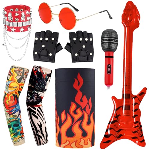 9 Stück Punk Gothic Kostüm Zubehör Set, Heavy Metal Rocker Kostüm Accessoires mit Armband Brille Handschuhen Maske Tattoo Ärmeln aufblasbarem Bass Mikrofon für Erwachsene 70er 80er Partys von Saier tbo