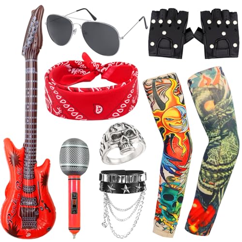 9 Stück Rock Punk Kostüm Set, Heavy Metal Rocker Zubehör Kit mit Handschuhe Tattoo-Ärmel Armbändern Brille Bandana Totenkopfring Aufblasbarer Gitarre Mikrofon für Erwachsene Carnival Halloween Party von Saier tbo