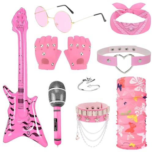 9 Stück Rosa Rocker Kostüm Zubehör Set, 80er Punk Gothic Kostüm Kit mit Handschuhen Aufblasbarem Bass Mikrofon Armbändern Halsband Totenkopfring Brille Bandana Maske für Erwachsene Halloween Party von Saier tbo