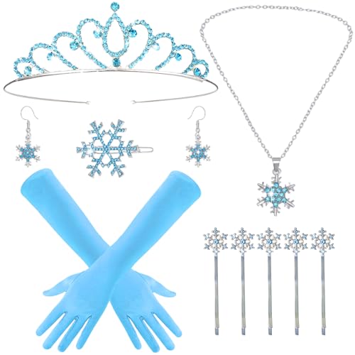 Saier tbo 10 Stück Frozen Prinzessin Kostüm, Prinzessin Schneeflocke Zubehör Set mit Krone Haarspangen Ohrringe Kette Handschuhe für Frauen Mädchen Geburtstage Fasching Karneval Cosplay von Saier tbo