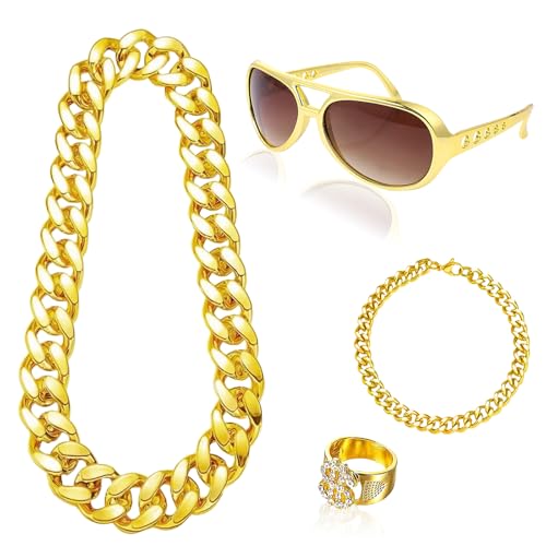 Saier tbo 4 Stück Zuhälter Kostüm Set, Hip Hop Accessoires Kit mit Gold Halskette Dollarzeichen Ring Retro Sonnenbrille Goldenem Armband Kostüm für Rapper Damen Herren Karneval Mottoparty Saier tbo 4 Stück Zuhälter Kostüm Set, Hip Hop Accessoires Kit mit Gold Halskette Dollarzeichen Ring Retro Sonnenbrille Goldenem Armband Kostüm für Rapper Damen Herren Karneval Mottoparty von Saier tbo