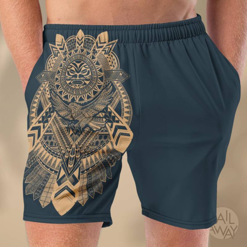 Boho Swim Shorts For Men, Beach Shorts With Geometric Aztec, Maori Eagle Pattern Festivals, Mens Summer Clothing, Surfing von Sailawayonline