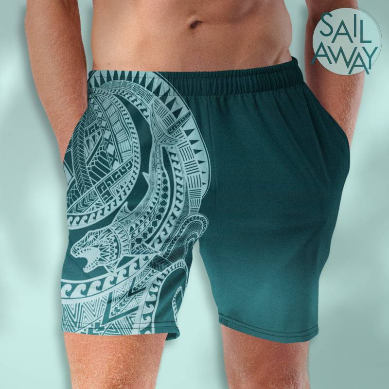 Boho Swim Shorts For Men, Beach Shorts With Geometric Aztec, Maori Shark Pattern Festivals, Mens Summer Clothing, Surfing von Sailawayonline