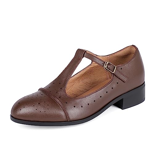 Sailimy Damen Echtleder Mary Jane Saddle Oxford Loafers Brogue Schuhe, Braun-t-echtes Leder, 37.5 EU von Sailimy