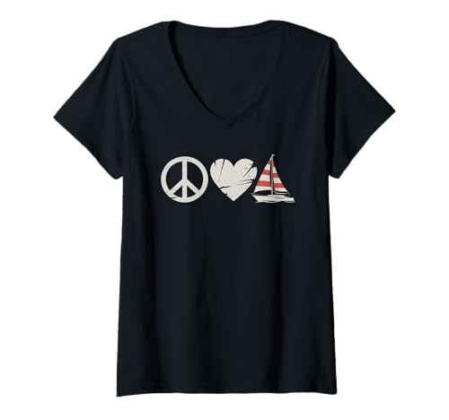 Damen Frieden Liebe Segelboot Strand Abenteuer Sommerausflug Segeln T-Shirt mit V-Ausschnitt Damen Frieden Liebe Segelboot Strand Abenteuer Sommerausflug Segeln T-Shirt mit V-Ausschnitt von Sailing Advanced Sailing Skill