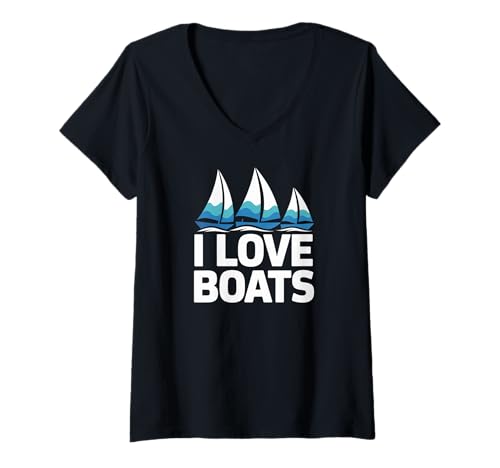 Damen Ich Liebe Boote, Liebhaber des nautischen Segelns T-Shirt mit V-Ausschnitt von Sailing Adventures Nautical Passion Waves