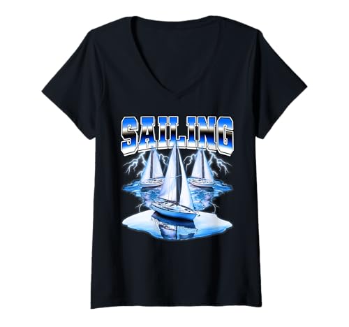 Damen Segeln Bootfahren Segelboot Sailor 90er Jahre Bootleg Style T-Shirt mit V-Ausschnitt von Sailing Boating 90s Retro Bootleg Gifts