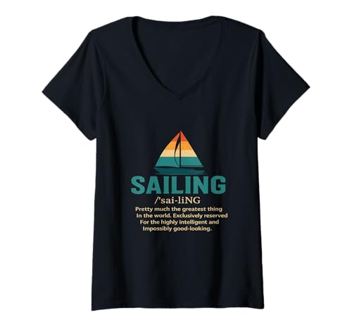 Damen Lustige Retro-Segelboot-Witze Strandabenteuer Sommer Segeln T-Shirt mit V-Ausschnitt von Sailing Sailboat Living