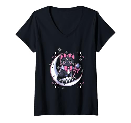 Damen Matrosen MIAU Katze sitzt auf dem Mond Weltraum Gothic Halloween T-Shirt mit V-Ausschnitt Damen Matrosen MIAU Katze sitzt auf dem Mond Weltraum Gothic Halloween T-Shirt mit V-Ausschnitt von Sailor Meow Cat Sitting On The Moon Space Gothic