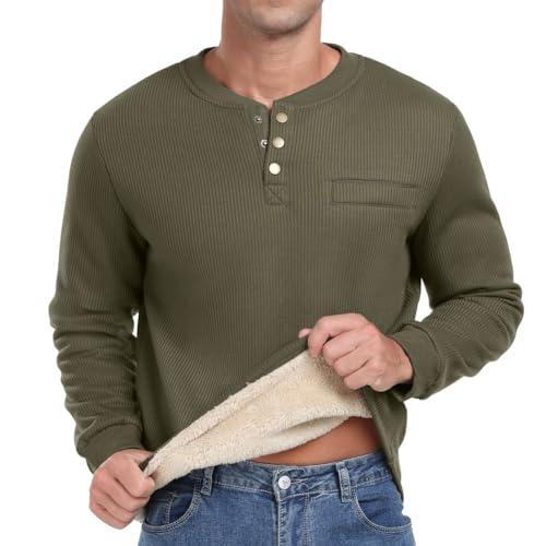 Sailwind Herren Henley Sweatshirts Mit Plüsch Waffel Langarm T Shirt Warm Thermo-Oberteile Lässiger Winter Pullover Sweater Für Männer (Armeegrün, S) von Sailwind