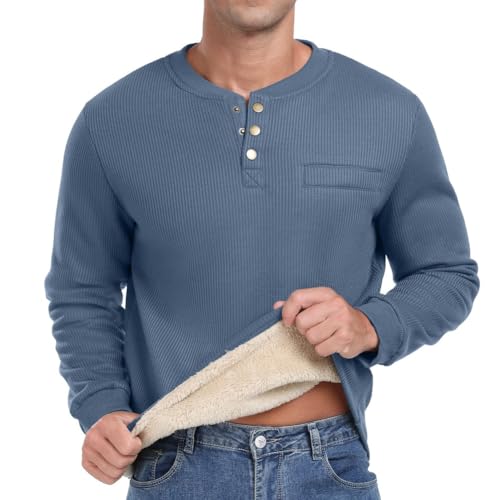 Sailwind Herren Henley Sweatshirts Mit Plüsch Waffel Langarm T Shirt Warm Thermo-Oberteile Lässiger Winter Pullover Sweater Für Männer (Blau, L) von Sailwind