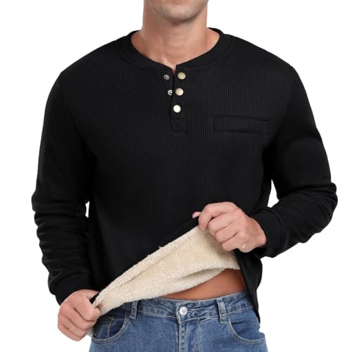 Sailwind Herren Henley Sweatshirts Mit Plüsch Waffel Langarm T Shirt Warm Thermo-Oberteile Lässiger Winter Pullover Sweater Für Männer (Schwarz, XL) von Sailwind