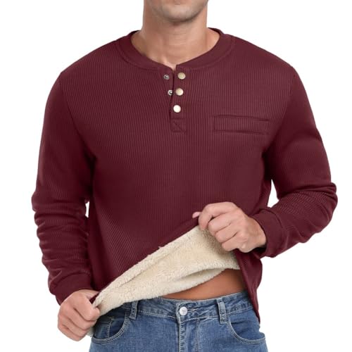 Sailwind Herren Henley Sweatshirts Mit Plüsch Waffel Langarm T Shirt Warm Thermo-Oberteile Lässiger Winter Pullover Sweater Für Männer (Weinrot, XXL) von Sailwind