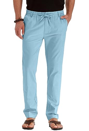 Sailwind Herren Kordelzug Sommer Strand Lose Hosen Leinenhose Casual mit elastischem Bund, B15 Hellblau, 94 von Sailwind