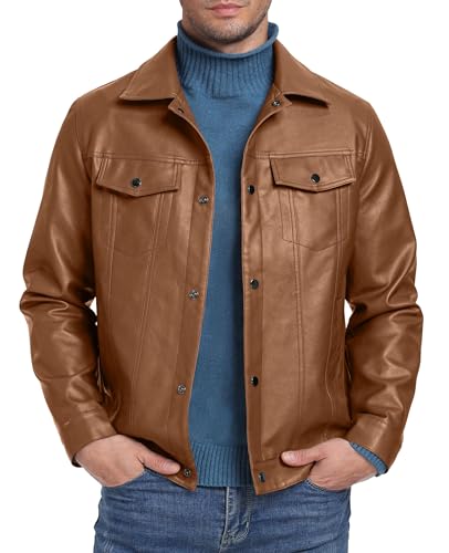 Sailwind Herren Leather Jacket Reverskragen Motorradjacke Druckknopf Kunstlederjacke Bomberjacken Mantel (Hellbraun, M) von Sailwind